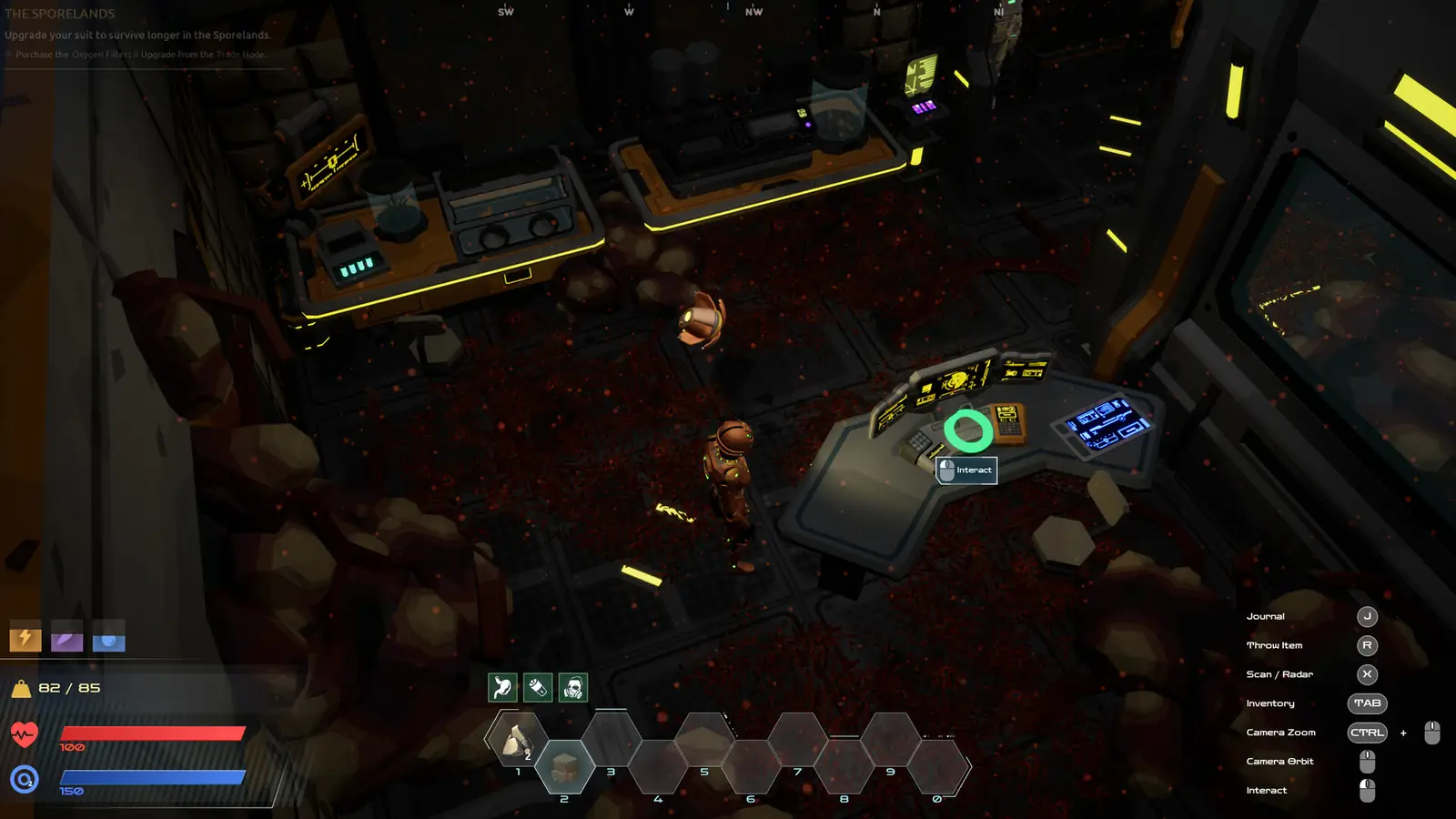 Top-down view of a rust canyon ridge with a small suited figure and a hovering drone
