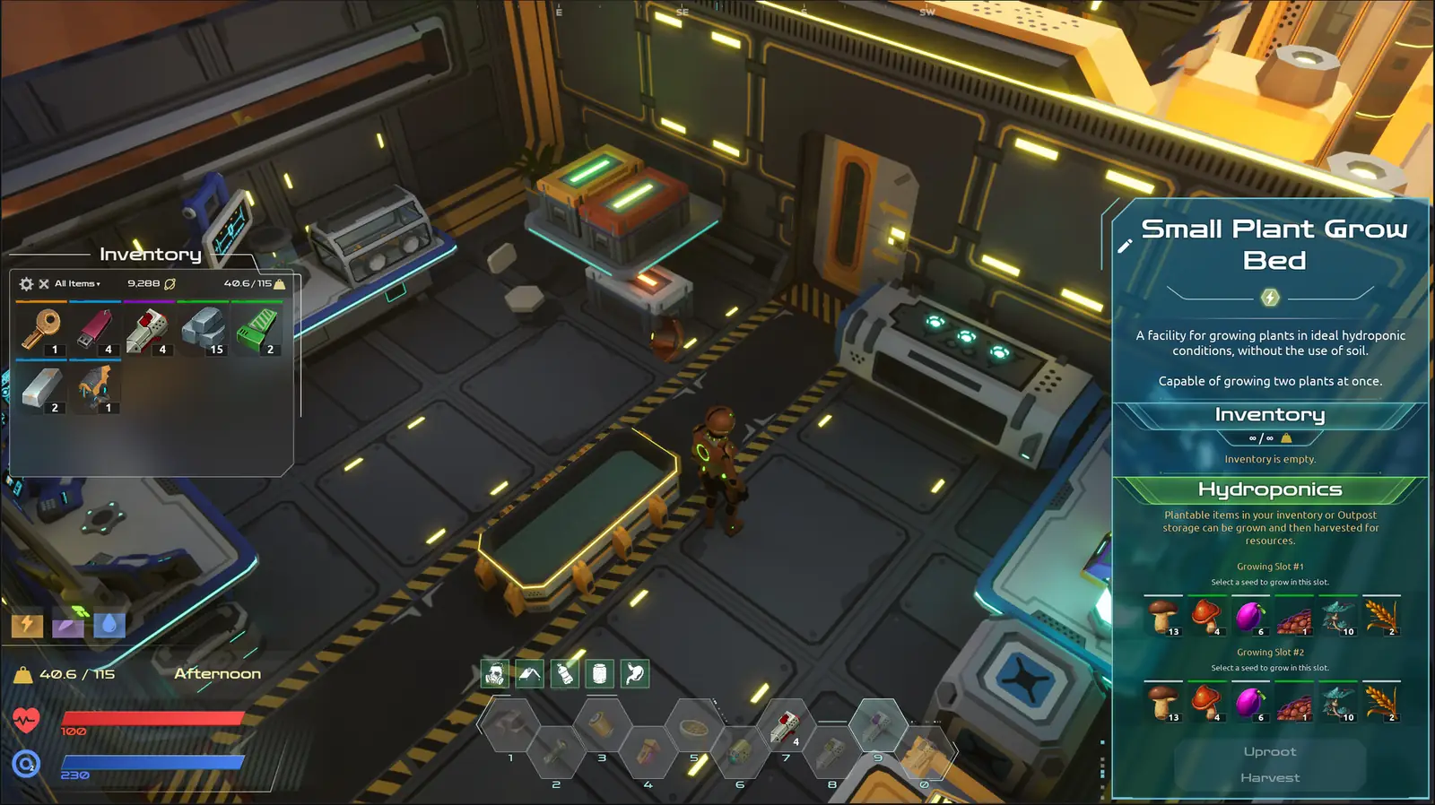 Interior base with teal holographic panels, yellow hazard stripes, and a modular floor