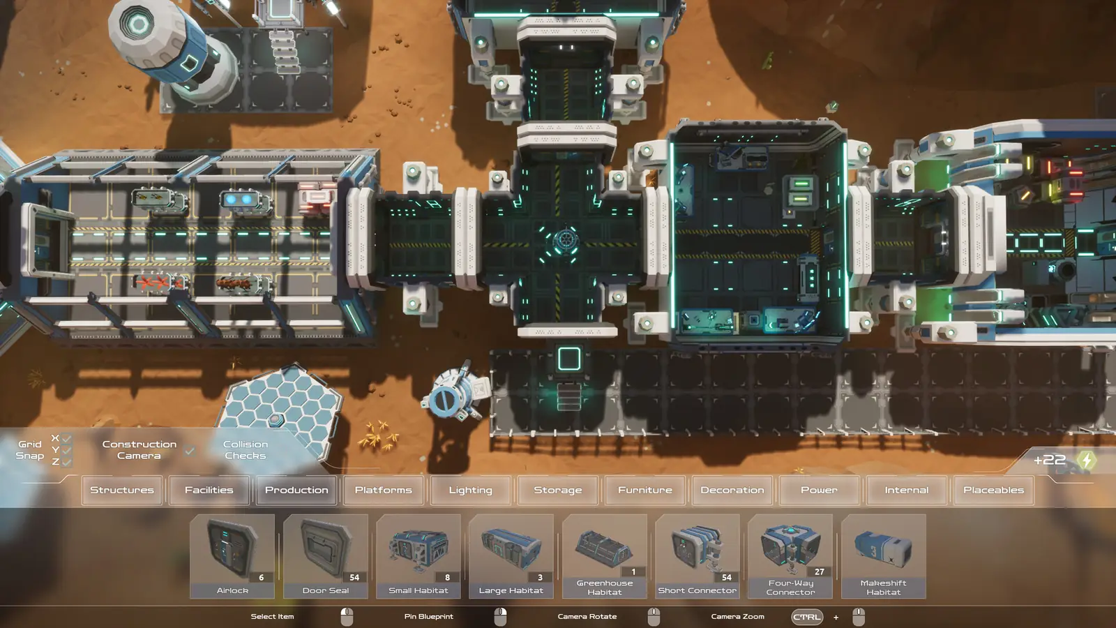 Abandoned sci-fi facility interior with crates and hazard markings